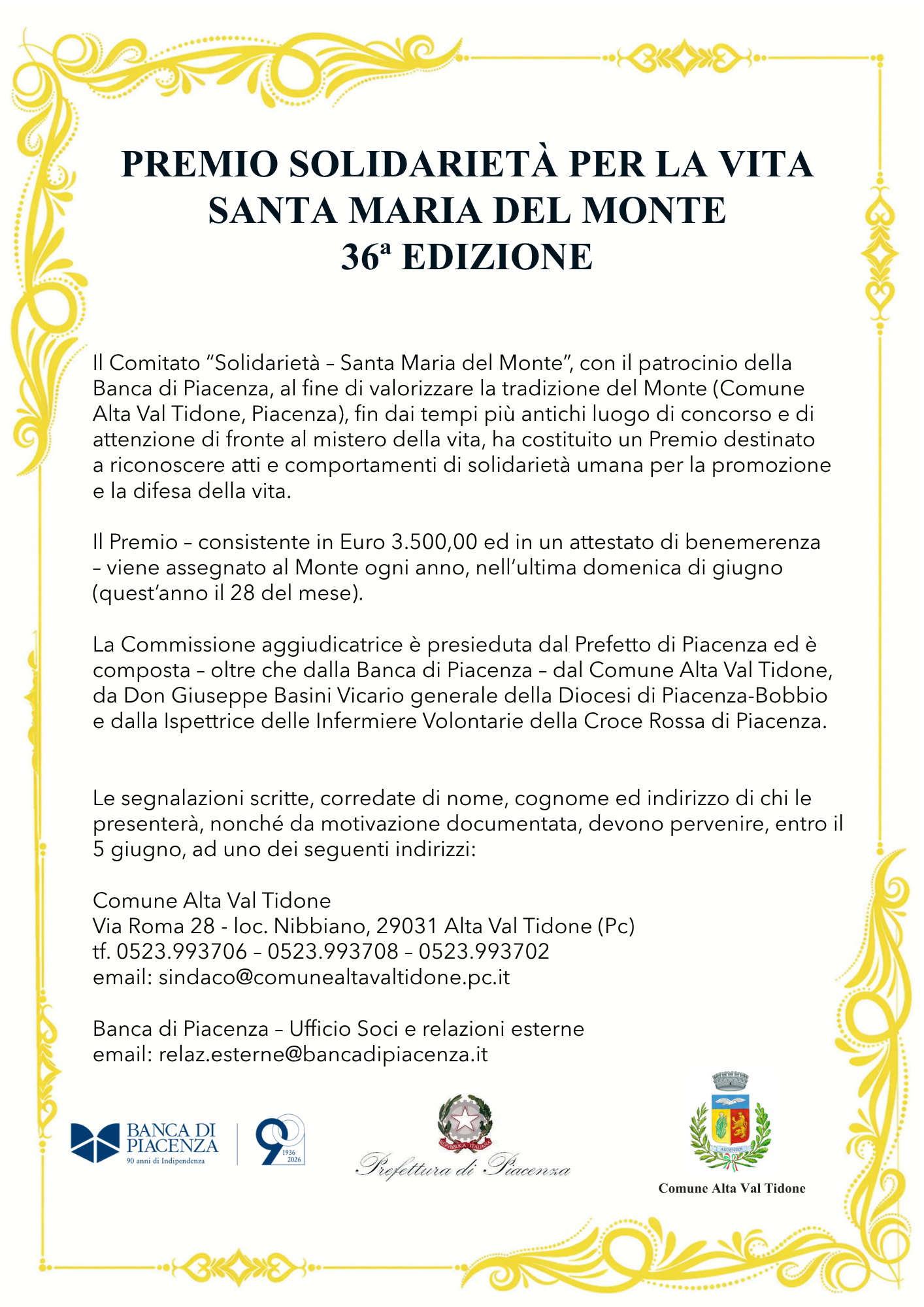 BANDO PREMIO SOLIDARIETA' PER LA VITA SANTA MARIA DEL MONTE 36^ EDIZIONE