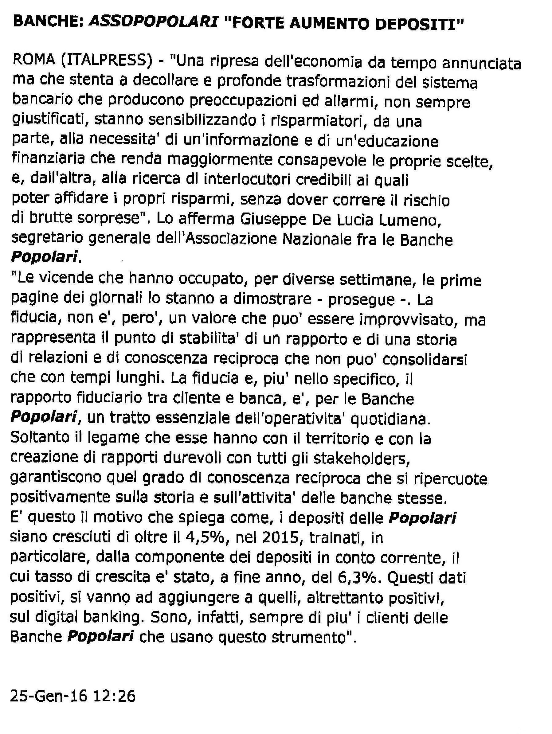 BANCHE: ASSOPOPOLARI "FORTE AUMENTO DEPOSITI"