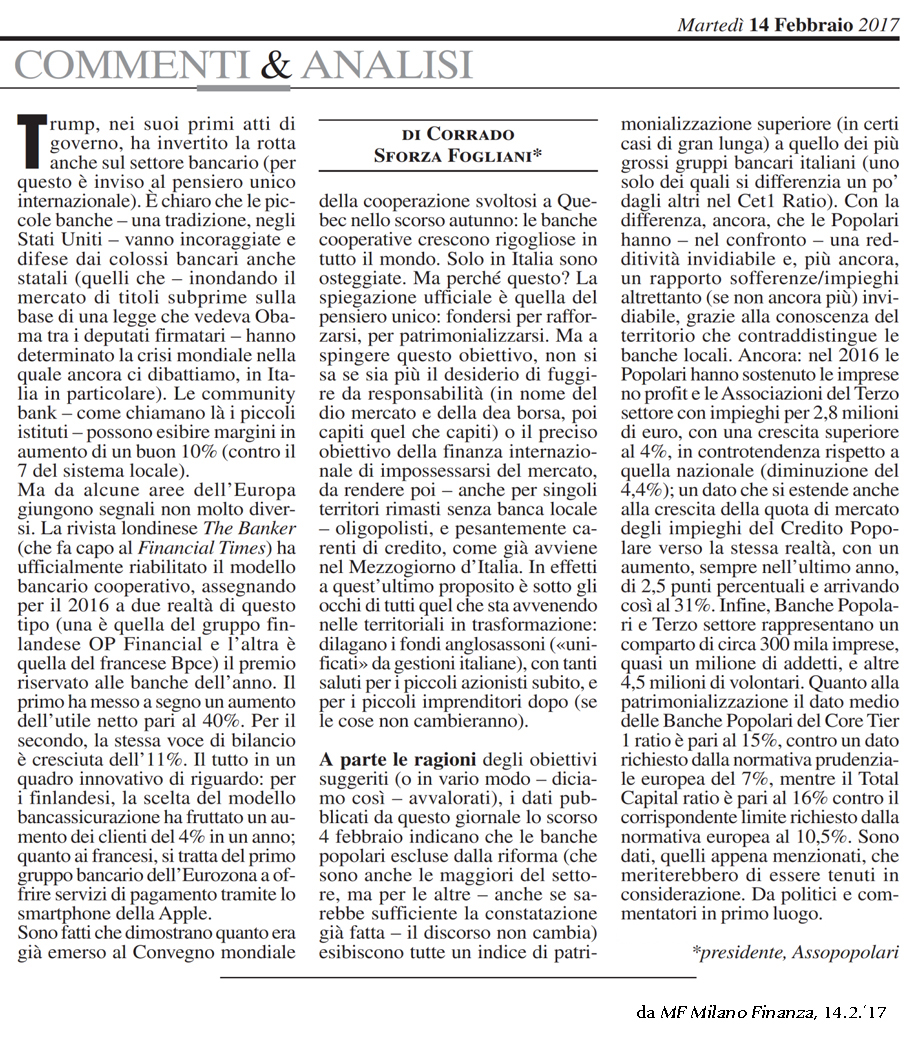 Articolo del Presidente Sforza Fogliani su MF