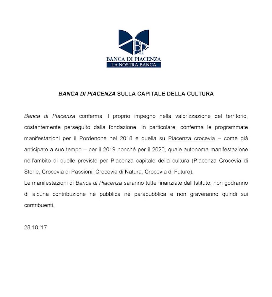 BANCA DI PIACENZA SULLA CAPITALE DELLA CULTURA