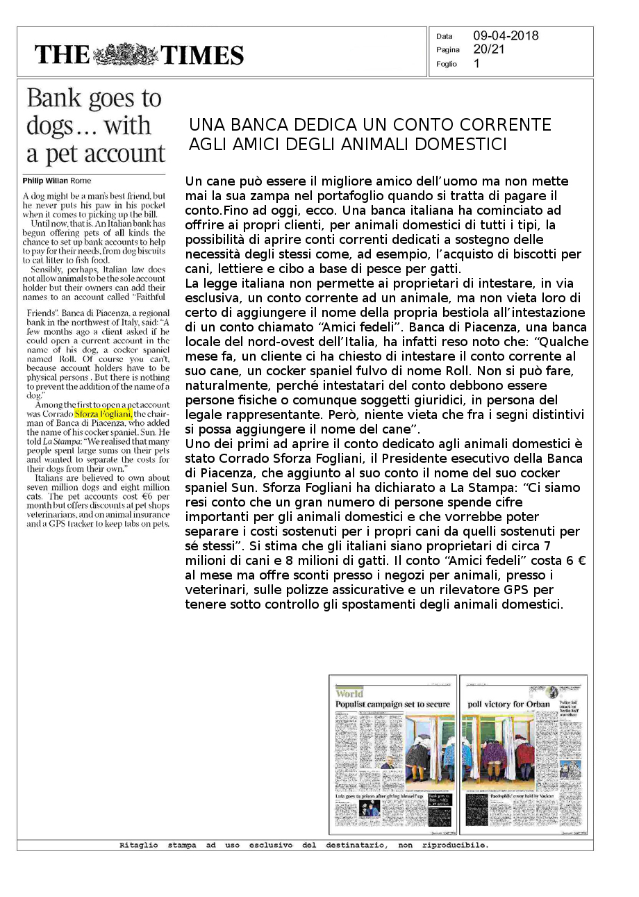 Anche il Times scrive del conto per gli animali domestici della Nostra Banca