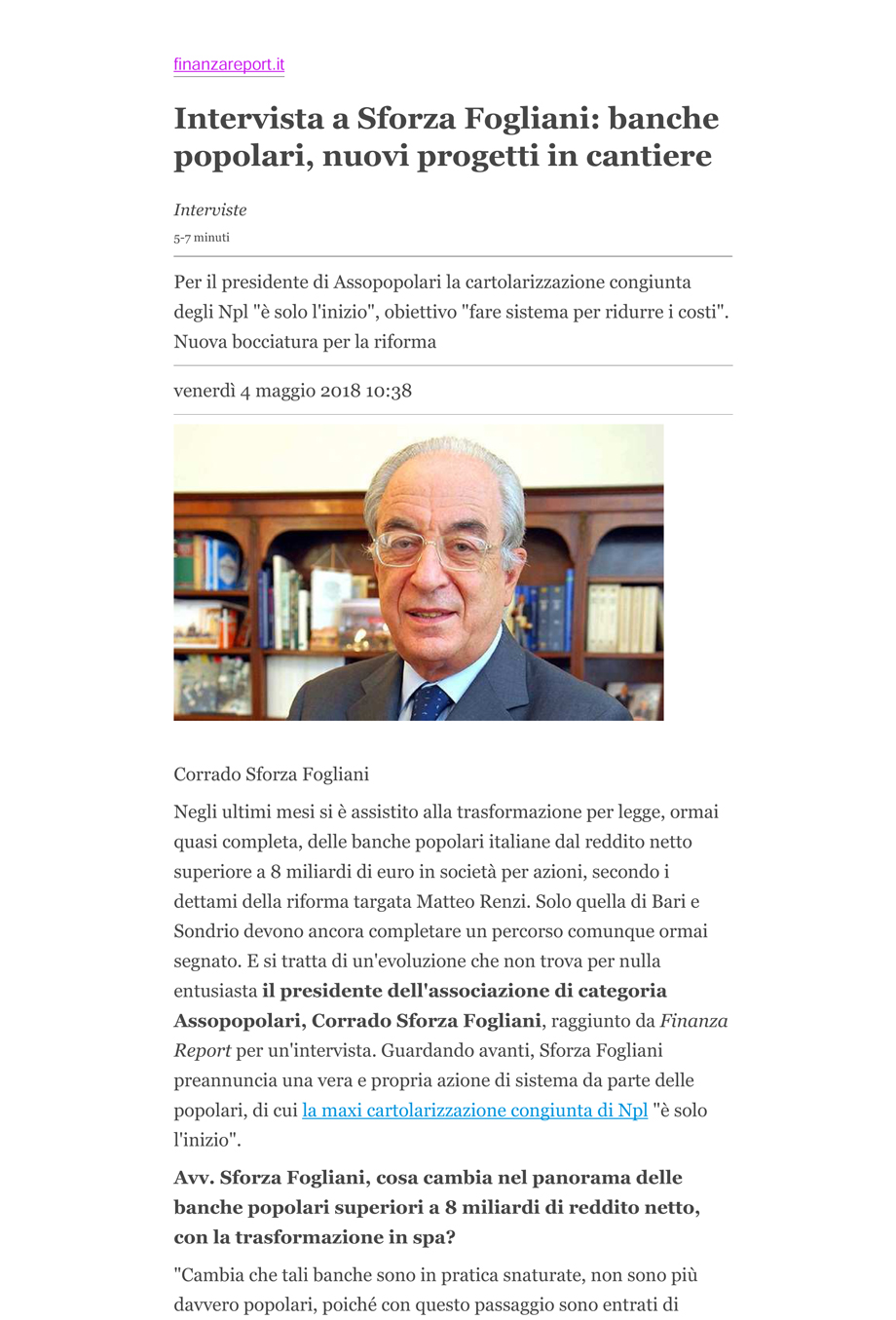 Intervista a Sforza Fogliani: banche popolari, nuovi progetti in cantiere