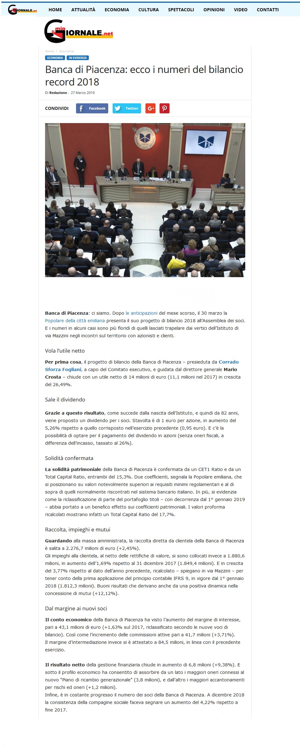 Banca di Piacenza : ecco i numeri del bilancio record
